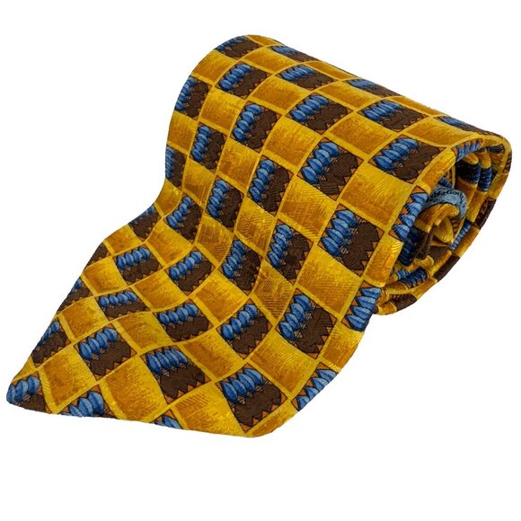 Ermenegildo Zegna Plaid Geometric Design Yellow Blue & Brown Silk Tie L 58" W 4" - Picture 1 of 5